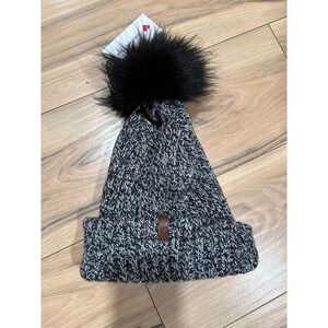 Obermeyer Womens‎ Knit Beanie Winter Hat Black Gray Faux Fur Pom Pom